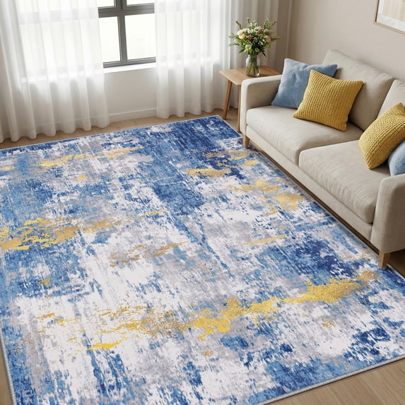 KoshiMe Area Rug 6'x9', Washable Non-Slip Modern Neutral Abstract Rugs for Living Room, Soft Stain Resistant Low Pile Carpet for Dining Room Office, Blue Gold