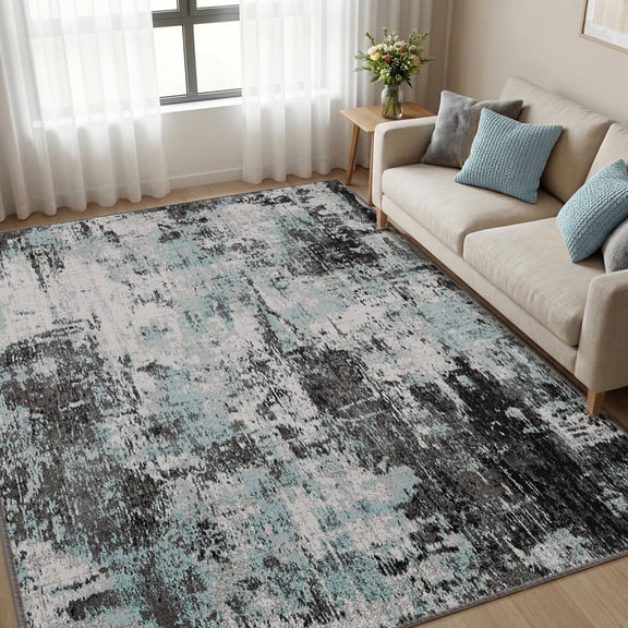 KoshiMe Area Rug 6'x9', Washable Non-Slip Modern Neutral Abstract Rugs for Living Room, Soft Stain Resistant Low Pile Carpet for Dining Room Office, Blue Black