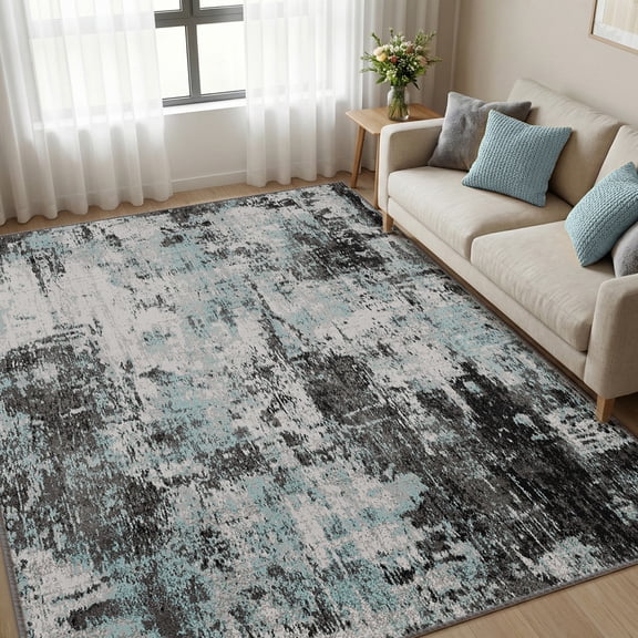 KoshiMe Area Rug 6'x9', Washable Non-Slip Modern Neutral Abstract Rugs for Living Room, Soft Stain Resistant Low Pile Carpet for Dining Room Office, Blue Black