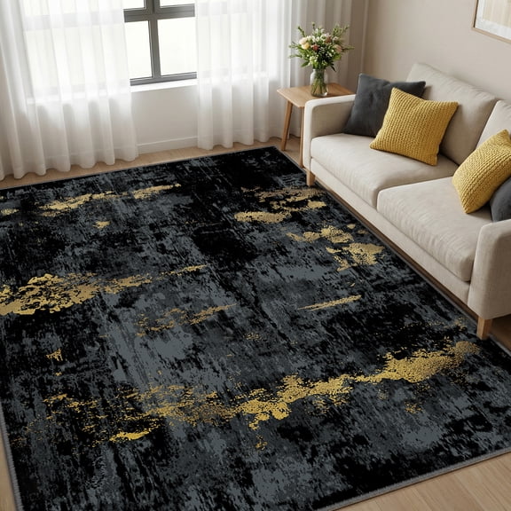 KoshiMe Area Rug 6'x9', Washable Non-Slip Modern Neutral Abstract Rugs for Living Room, Soft Stain Resistant Low Pile Carpet for Dining Room Office, Dark Black Gold