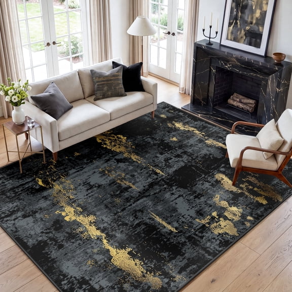 KoshiMe Area Rug 6'x9', Washable Non-Slip Modern Neutral Abstract Rugs for Living Room, Soft Stain Resistant Low Pile Carpet for Dining Room Office, Dark Black Gold