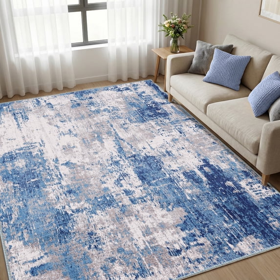 KoshiMe Area Rug 6'x9', Washable Non-Slip Modern Neutral Abstract Rugs for Living Room, Soft Stain Resistant Low Pile Carpet for Dining Room Office, Grey Blue