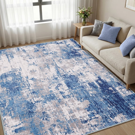 KoshiMe Area Rug 6'x9', Washable Non-Slip Modern Neutral Abstract Rugs for Living Room, Soft Stain Resistant Low Pile Carpet for Dining Room Office, Grey Blue