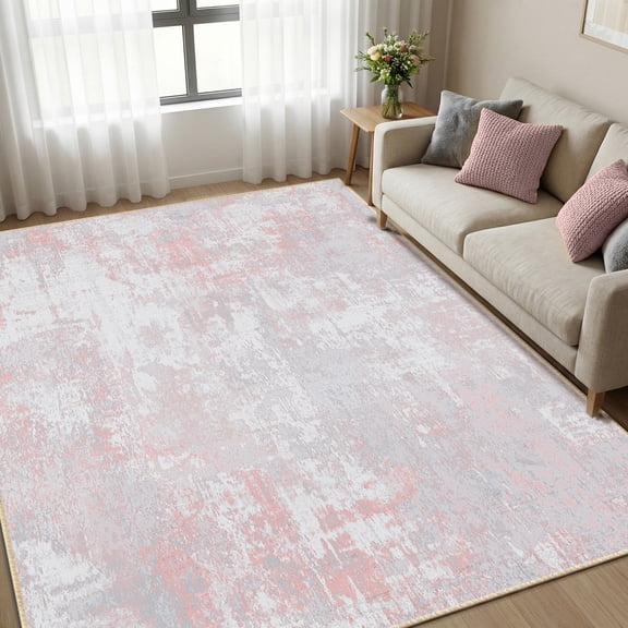 KoshiMe Area Rug 6'x9', Washable Non-Slip Modern Neutral Abstract Rugs for Living Room, Soft Stain Resistant Low Pile Carpet for Dining Room Office, Grey Pink
