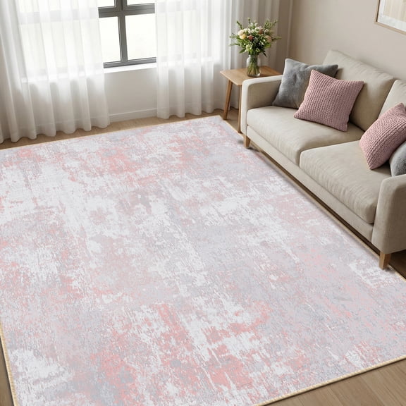 KoshiMe Area Rug 6'x9', Washable Non-Slip Modern Neutral Abstract Rugs for Living Room, Soft Stain Resistant Low Pile Carpet for Dining Room Office, Grey Pink