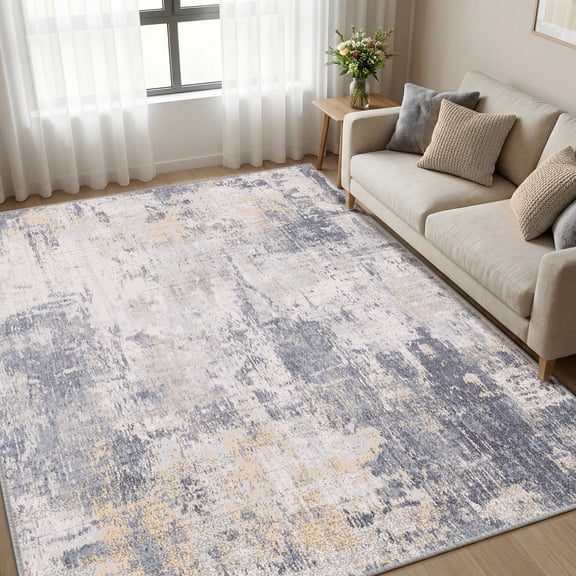 KoshiMe Area Rug 6'x9', Washable Non-Slip Modern Neutral Abstract Rugs for Living Room, Soft Stain Resistant Low Pile Carpet for Dining Room Office, Grey Yellow