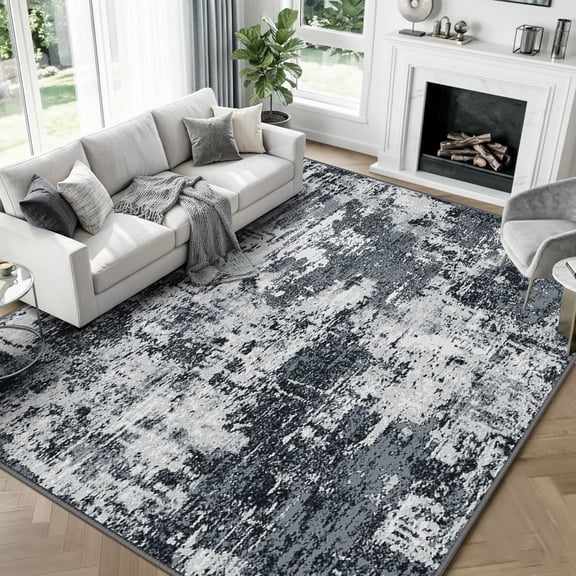 KoshiMe Area Rug 8'x10', Washable Non-Slip Modern Neutral Abstract Rugs for Living Room, Soft Stain Resistant Low Pile Carpet for Dining Room Office, Black