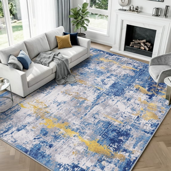 KoshiMe Area Rug 8'x10', Washable Non-Slip Modern Neutral Abstract Rugs for Living Room, Soft Stain Resistant Low Pile Carpet for Dining Room Office, Blue Gold