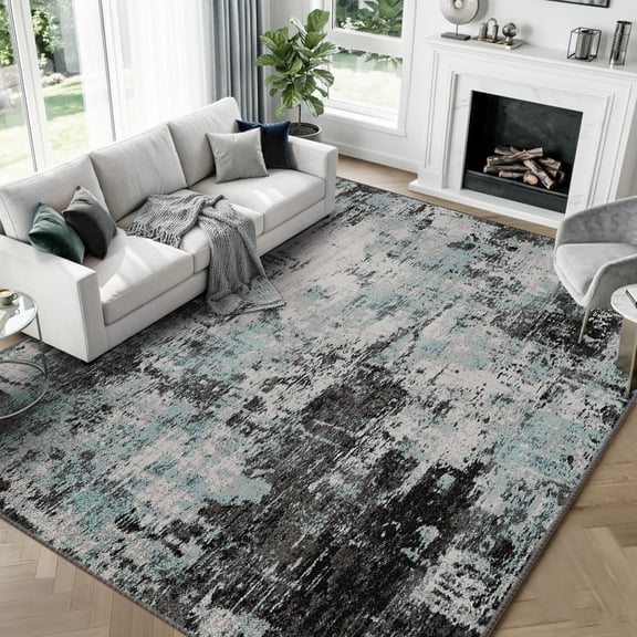 KoshiMe Area Rug 8'x10', Washable Non-Slip Modern Neutral Abstract Rugs for Living Room, Soft Stain Resistant Low Pile Carpet for Dining Room Office, Blue Black