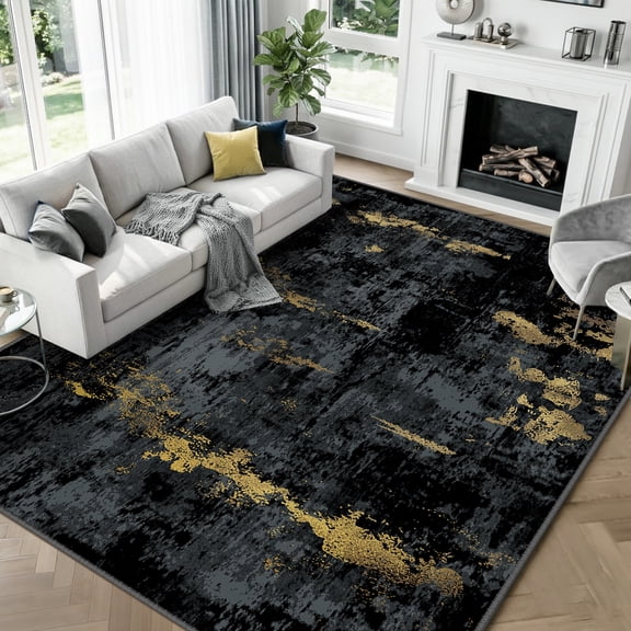 KoshiMe Area Rug 8'x10', Washable Non-Slip Modern Neutral Abstract Rugs for Living Room, Soft Stain Resistant Low Pile Carpet for Dining Room Office, Dark Black Gold