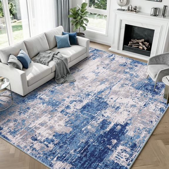 KoshiMe Area Rug 8'x10', Washable Non-Slip Modern Neutral Abstract Rugs for Living Room, Soft Stain Resistant Low Pile Carpet for Dining Room Office, Grey Blue