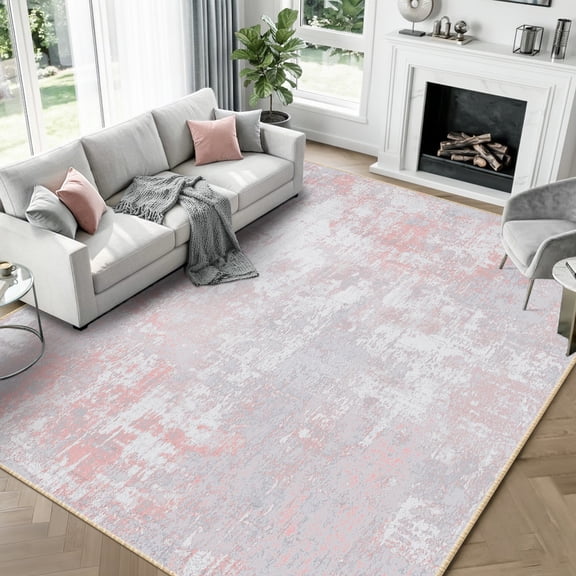 KoshiMe Area Rug 8'x10', Washable Non-Slip Modern Neutral Abstract Rugs for Living Room, Soft Stain Resistant Low Pile Carpet for Dining Room Office, Grey Pink