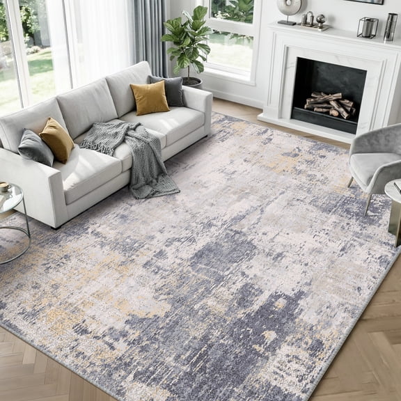 KoshiMe Area Rug 8'x10', Washable Non-Slip Modern Neutral Abstract Rugs for Living Room, Soft Stain Resistant Low Pile Carpet for Dining Room Office, Grey Yellow