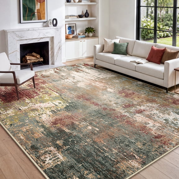 KoshiMe Area Rug 8'x10', Washable Non-Slip Modern Neutral Abstract Rugs for Living Room, Soft Stain Resistant Low Pile Carpet for Dining Room Office, Red Brown