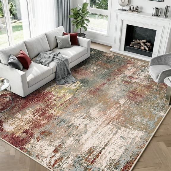 KoshiMe Area Rug 8'x10', Washable Non-Slip Modern Neutral Abstract Rugs for Living Room, Soft Stain Resistant Low Pile Carpet for Dining Room Office, Red Brown