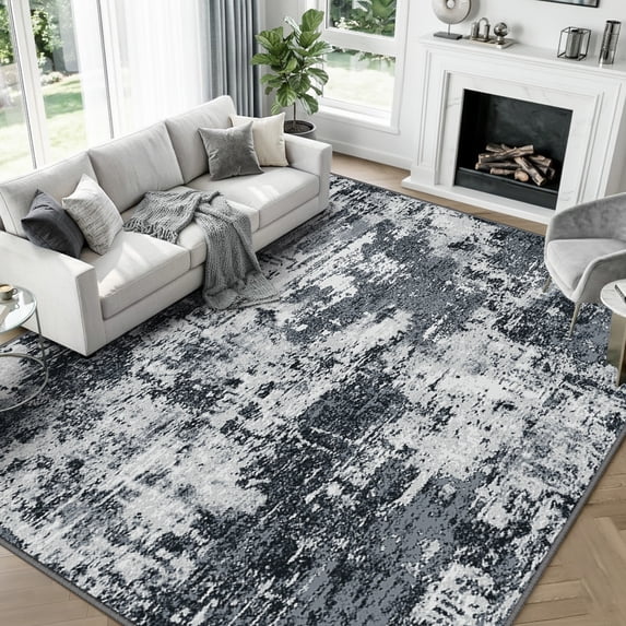 KoshiMe Area Rug 9'x12', Washable Non-Slip Modern Neutral Abstract Rugs for Living Room, Soft Stain Resistant Low Pile Carpet for Dining Room Office, Black