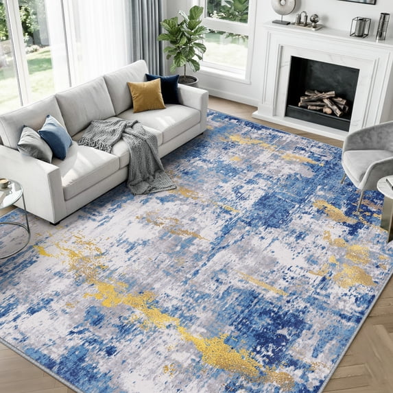 KoshiMe Area Rug 9'x12', Washable Non-Slip Modern Neutral Abstract Rugs for Living Room, Soft Stain Resistant Low Pile Carpet for Dining Room Office, Blue Gold