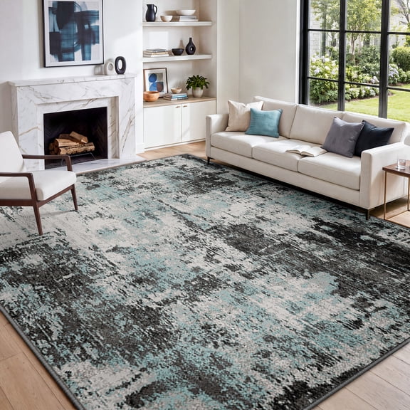 KoshiMe Area Rug 9'x12', Washable Non-Slip Modern Neutral Abstract Rugs for Living Room, Soft Stain Resistant Low Pile Carpet for Dining Room Office, Blue Black