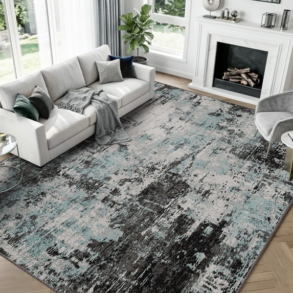KoshiMe Area Rug 9'x12', Washable Non-Slip Modern Neutral Abstract Rugs for Living Room, Soft Stain Resistant Low Pile Carpet for Dining Room Office, Blue Black