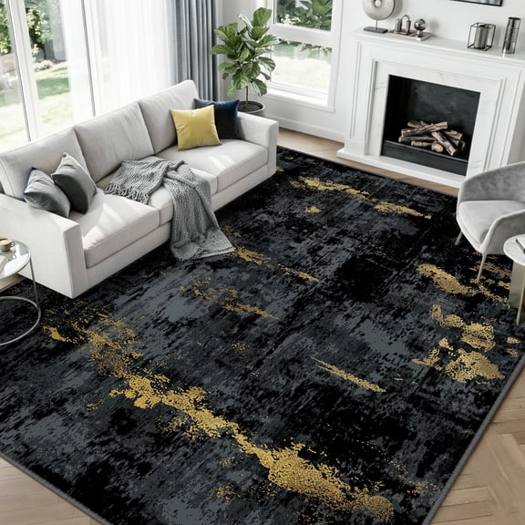 KoshiMe Area Rug 9'x12', Washable Non-Slip Modern Neutral Abstract Rugs for Living Room, Soft Stain Resistant Low Pile Carpet for Dining Room Office, Dark Black Gold