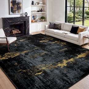 KoshiMe Area Rug 9'x12', Washable Non-Slip Modern Neutral Abstract Rugs for Living Room, Soft Stain Resistant Low Pile Carpet for Dining Room Office, Dark Black Gold
