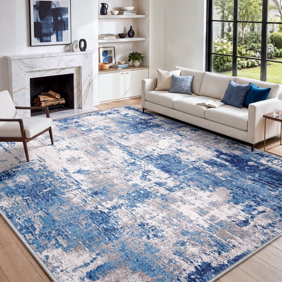 KoshiMe Area Rug 9'x12', Washable Non-Slip Modern Neutral Abstract Rugs for Living Room, Soft Stain Resistant Low Pile Carpet for Dining Room Office, Grey Blue