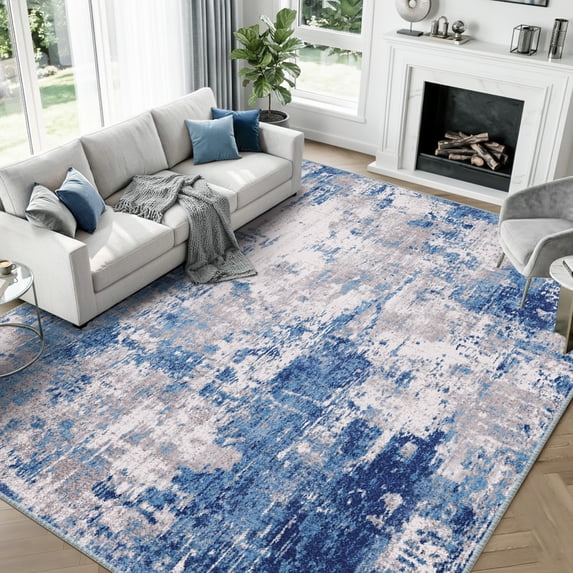 KoshiMe Area Rug 9'x12', Washable Non-Slip Modern Neutral Abstract Rugs for Living Room, Soft Stain Resistant Low Pile Carpet for Dining Room Office, Grey Blue