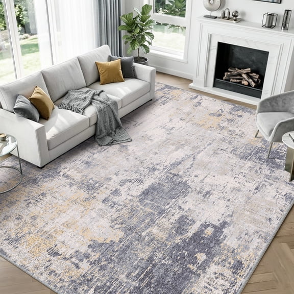 KoshiMe Area Rug 9'x12', Washable Non-Slip Modern Neutral Abstract Rugs for Living Room, Soft Stain Resistant Low Pile Carpet for Dining Room Office, Grey Yellow
