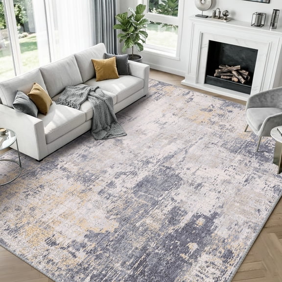 KoshiMe Area Rug 9'x12', Washable Non-Slip Modern Neutral Abstract Rugs for Living Room, Soft Stain Resistant Low Pile Carpet for Dining Room Office, Grey Yellow