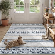 KoshiMe Area Rugs 4'x6', Low Pile Non-Slip Washable Rug for Living Room, Soft Boho Moroccan Neutral Geometric Indoor Rug for Bedroom Dining Room Office, Blue Br