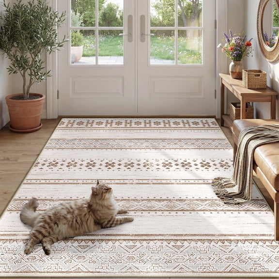 KoshiMe Area Rugs 4'x6', Low Pile Non-Slip Washable Rug for Living Room, Soft Boho Moroccan Neutral Geometric Indoor Rug for Bedroom Dining Room Office, Cream Brown
