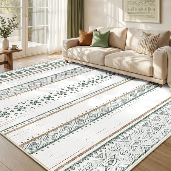 KoshiMe Area Rugs 5'x7', Low Pile Non-Slip Washable Rug for Living Room, Soft Boho Moroccan Neutral Geometric Indoor Rug for Bedroom Dining Room Office, Green
