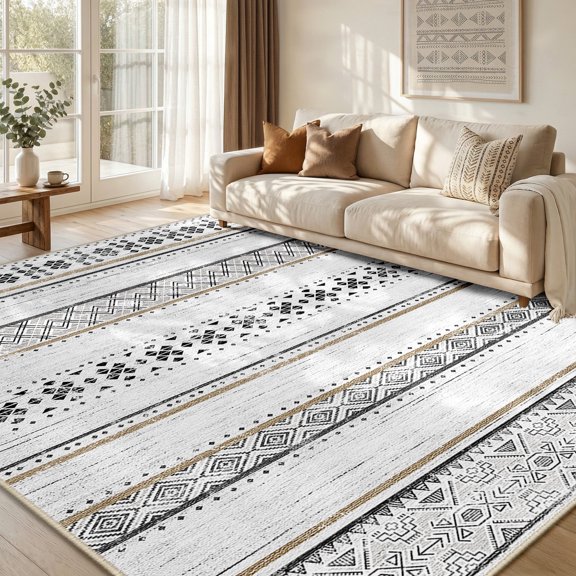 KoshiMe Area Rugs 6'x9', Low Pile Non-Slip Washable Rug for Living Room, Soft Boho Moroccan Neutral Geometric Indoor Rug for Bedroom Dining Room Office, Black Brown