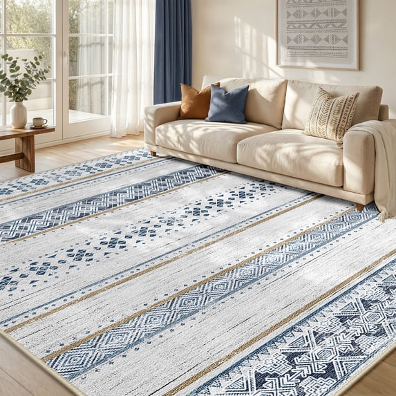 KoshiMe Area Rugs 6'x9', Low Pile Non-Slip Washable Rug for Living Room, Soft Boho Moroccan Neutral Geometric Indoor Rug for Bedroom Dining Room Office, Blue Brown