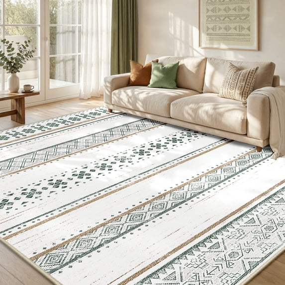 KoshiMe Area Rugs 6'x9', Low Pile Non-Slip Washable Rug for Living Room, Soft Boho Moroccan Neutral Geometric Indoor Rug for Bedroom Dining Room Office, Green
