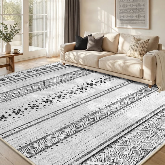 KoshiMe Area Rugs 6'x9', Low Pile Non-Slip Washable Rug for Living Room, Soft Boho Moroccan Neutral Geometric Indoor Rug for Bedroom Dining Room Office, Grey Black
