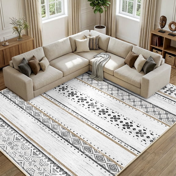 KoshiMe Area Rugs 8'x10', Low Pile Non-Slip Washable Rug for Living Room, Soft Boho Moroccan Neutral Geometric Indoor Rug for Bedroom Dining Room Office, Black Brown