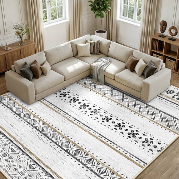 KoshiMe Area Rugs 9'x12', Low Pile Non-Slip Washable Rug for Living Room, Soft Boho Moroccan Neutral Geometric Indoor Rug for Bedroom Dining Room Office, Black Brown