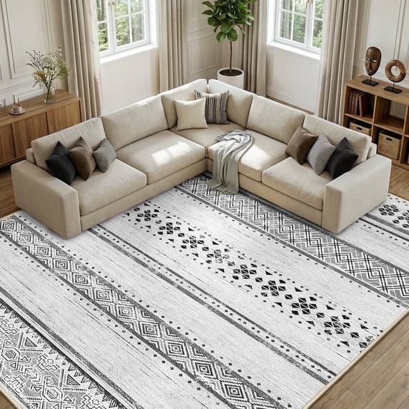 KoshiMe Area Rugs 9'x12', Low Pile Non-Slip Washable Rug for Living Room, Soft Boho Moroccan Neutral Geometric Indoor Rug for Bedroom Dining Room Office, Grey Black