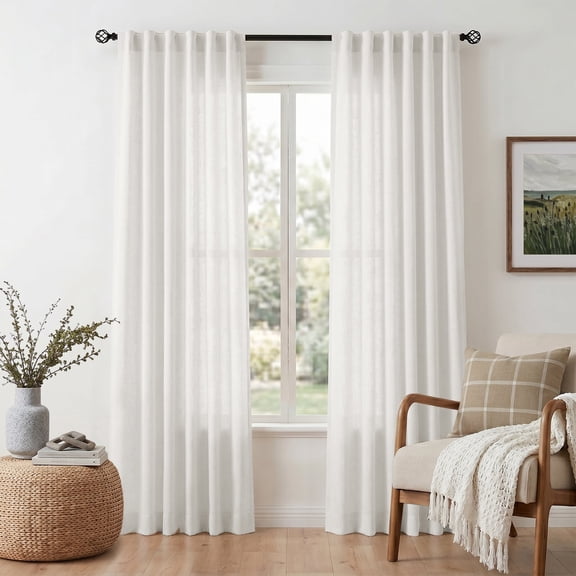 KoshiMe Faux Linen Light Filtering Back Tab Curtains,2-Panel Set,50"W x 108"L Breathable Machine Washable Window Drapes for Bedroom Living Room,Off White