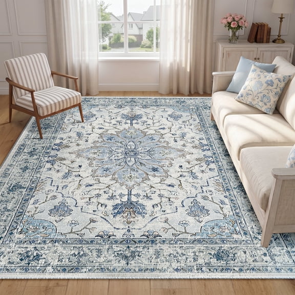 KoshiMe Washable Area Rug 5'x7', Non-Slip Soft Vintage Distress Floral Rugs for Living Room, Stain Resistant Low Pile Medallion Carpet for Dining Room Office, Blue Beige