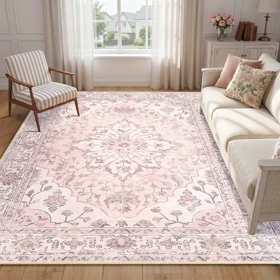 KoshiMe Washable Area Rug 5'x7', Non-Slip Soft Vintage Distress Floral Rugs for Living Room, Stain Resistant Low Pile Medallion Carpet for Dining Room Office, Gray Pink
