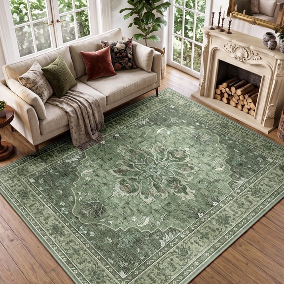 KoshiMe Washable Area Rug 6'x9', Non-Slip Soft Vintage Distress Floral Rugs for Living Room, Stain Resistant Low Pile Medallion Carpet for Dining Room Office, Dark Green Gray