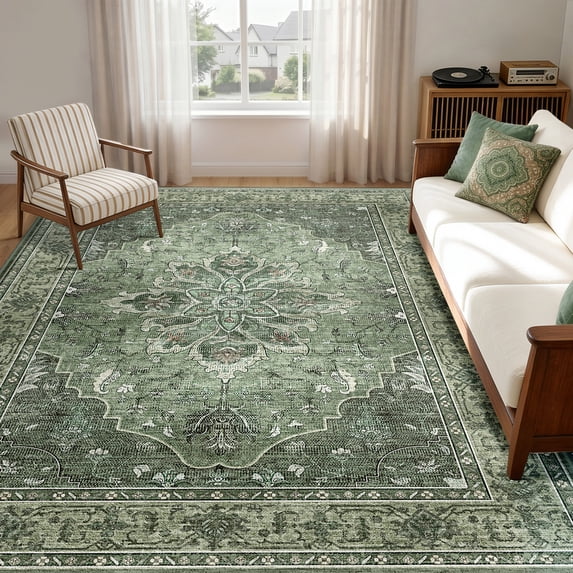 KoshiMe Washable Area Rug 6'x9', Non-Slip Soft Vintage Distress Floral Rugs for Living Room, Stain Resistant Low Pile Medallion Carpet for Dining Room Office, Dark Green Gray