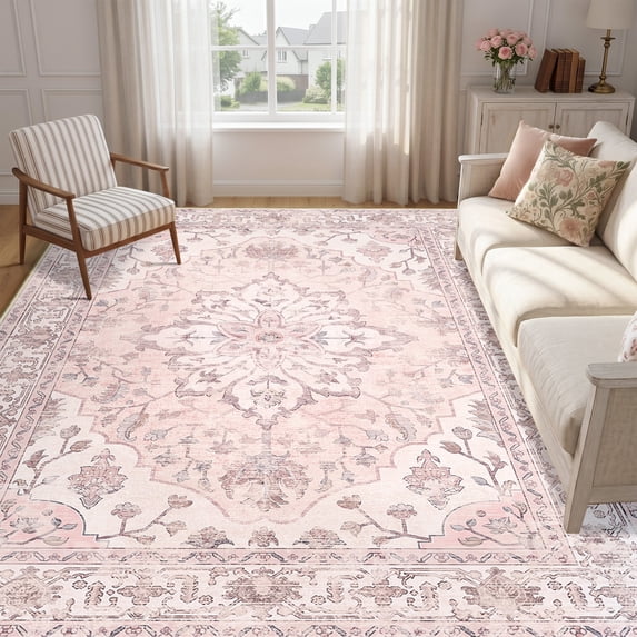 KoshiMe Washable Area Rug 6'x9', Non-Slip Soft Vintage Distress Floral Rugs for Living Room, Stain Resistant Low Pile Medallion Carpet for Dining Room Office, Gray Pink