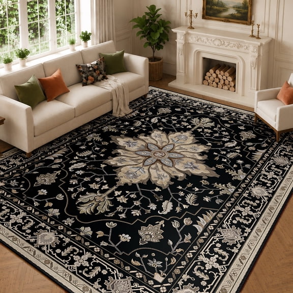 KoshiMe Washable Area Rug 8'x10', Non-Slip Soft Vintage Distress Floral Rugs for Living Room, Stain Resistant Low Pile Medallion Carpet for Dining Room Office, Black