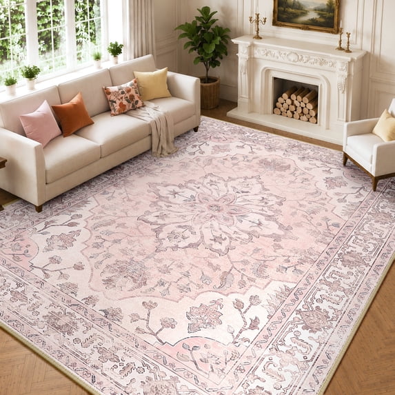 KoshiMe Washable Area Rug 8'x10', Non-Slip Soft Vintage Distress Floral Rugs for Living Room, Stain Resistant Low Pile Medallion Carpet for Dining Room Office, Gray Pink