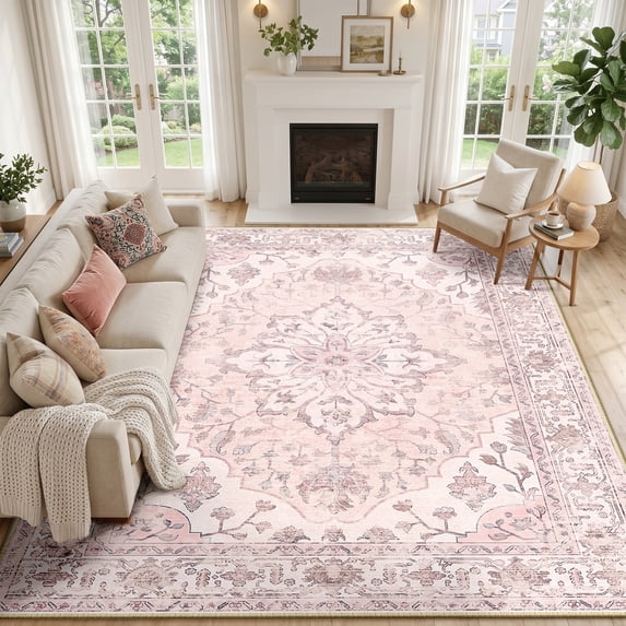 KoshiMe Washable Area Rug 8'x10', Non-Slip Soft Vintage Distress Floral Rugs for Living Room, Stain Resistant Low Pile Medallion Carpet for Dining Room Office, Gray Pink