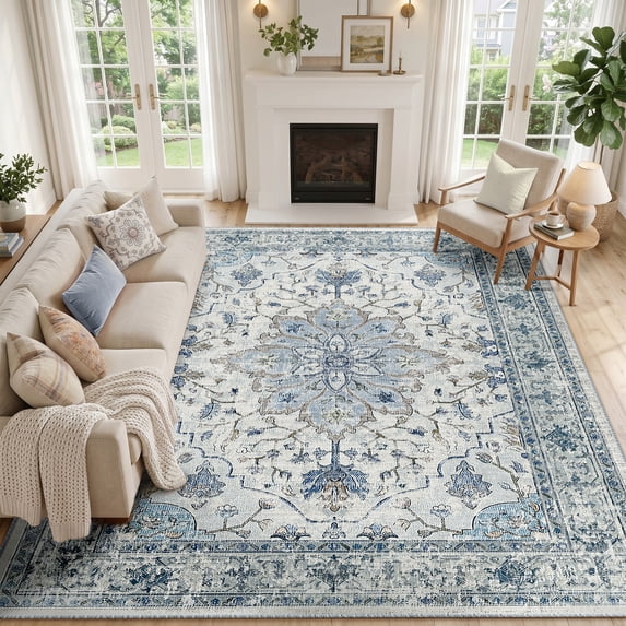 KoshiMe Washable Area Rug 9'x12', Non-Slip Soft Vintage Distress Floral Rugs for Living Room, Stain Resistant Low Pile Medallion Carpet for Dining Room Office, Blue Beige