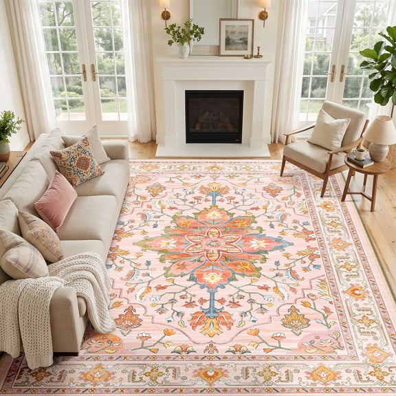 KoshiMe Washable Area Rug 9'x12', Non-Slip Soft Vintage Distress Floral Rugs for Living Room, Stain Resistant Low Pile Medallion Carpet for Dining Room Office, Light Pink Colorful